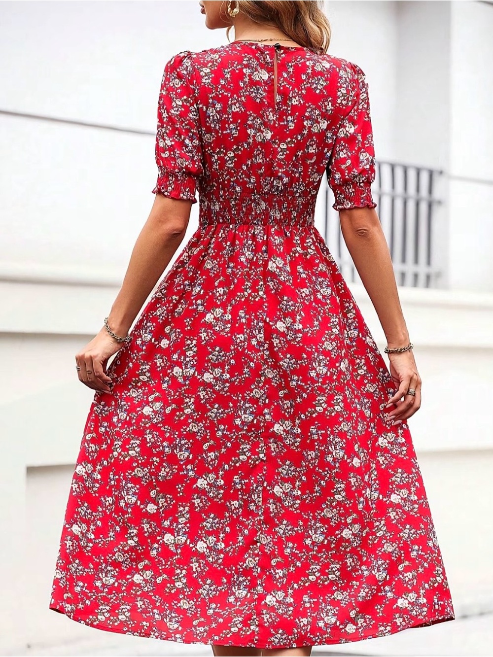 Red Floral Smocked Midi Dress - Women - Picture 5 of 6